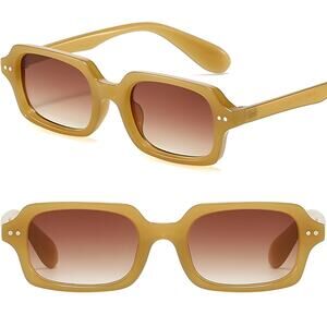 Vintage Small Rectangular Sunglasses Beige Frame Brown Gradient Lens UV400